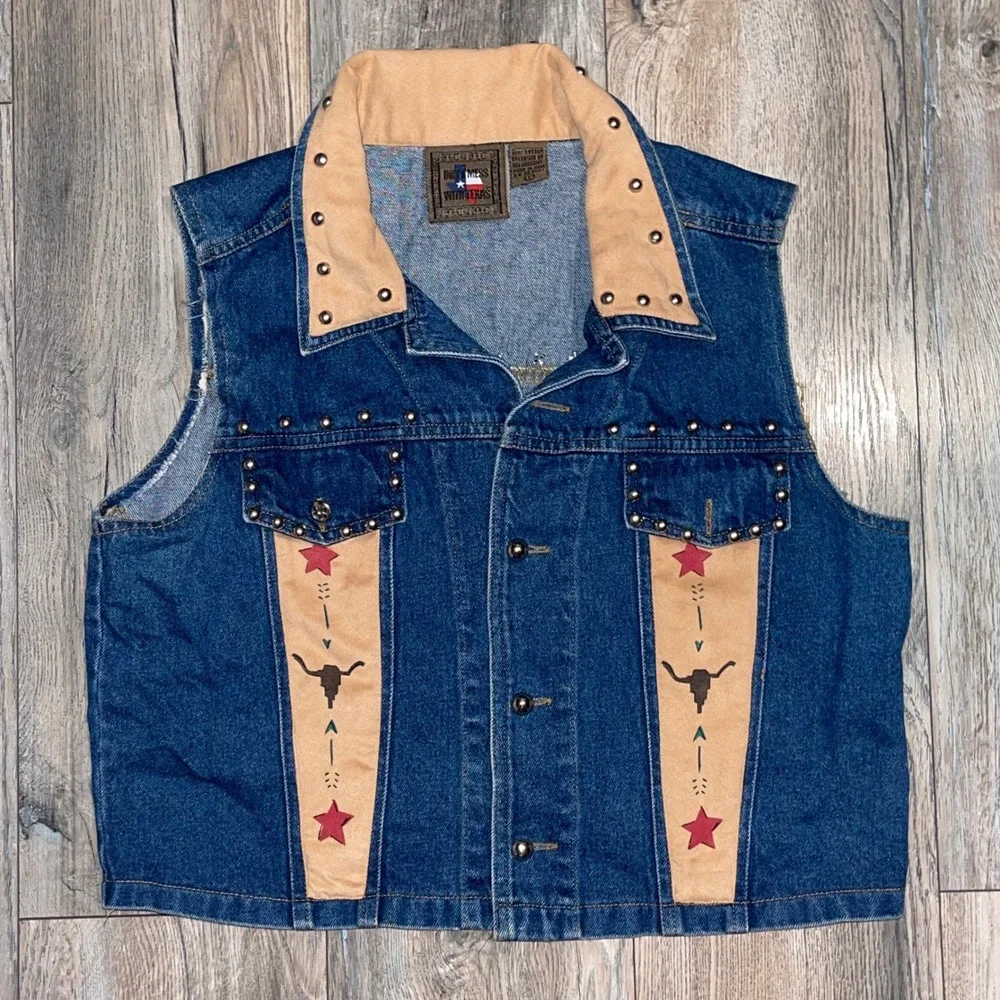 Republic Dont Mess With Texas Vintage Denim Vest Cowgirl Studded Western Large - Picture 2 of 8
